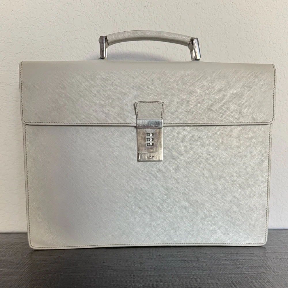 PRADA Ivory White Saffiano Leather Slim Flap Briefcase Laptop Bag With Lock
